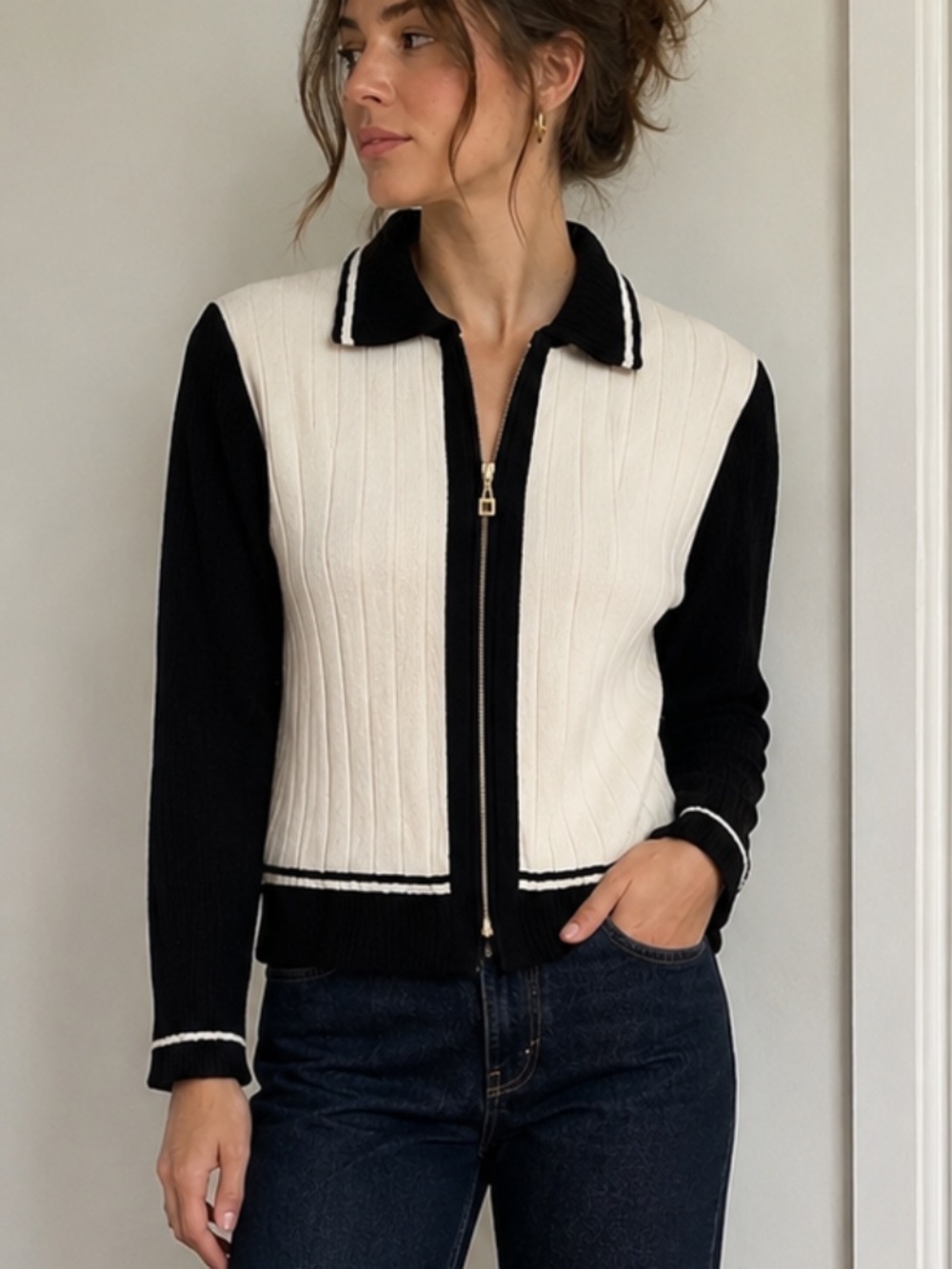 Vintage St. John Santana Knit Zip Cardigan Black Cream S